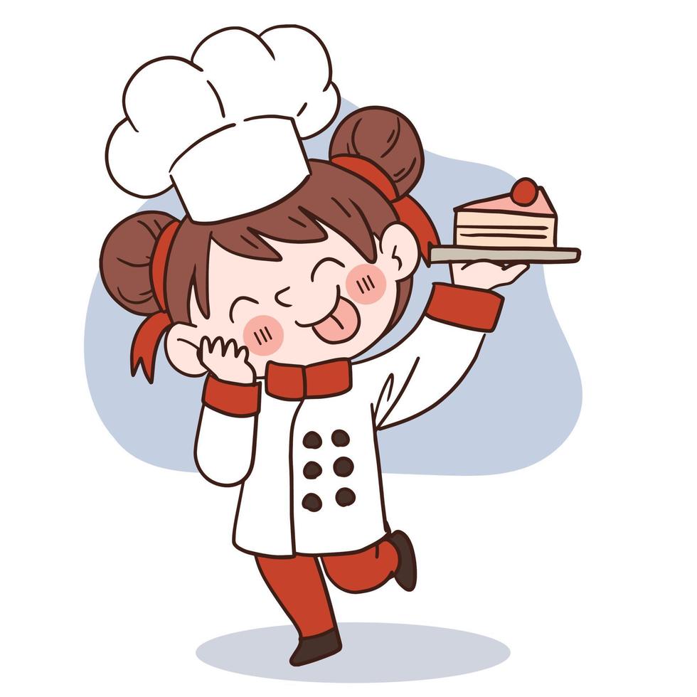 sourire heureux petite fille chef.kid cuisine concept.doodle illustration vectorielle dessinés à la main. vecteur