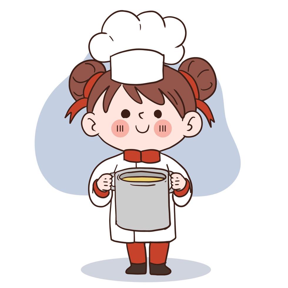 sourire heureux petite fille chef.kid cuisine concept.doodle illustration vectorielle dessinés à la main. vecteur