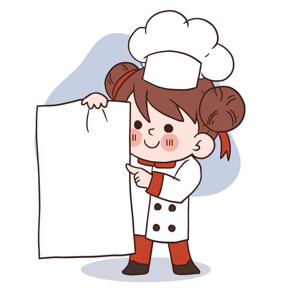 sourire heureux petite fille chef.kid cuisine concept.doodle illustration vectorielle dessinés à la main. vecteur