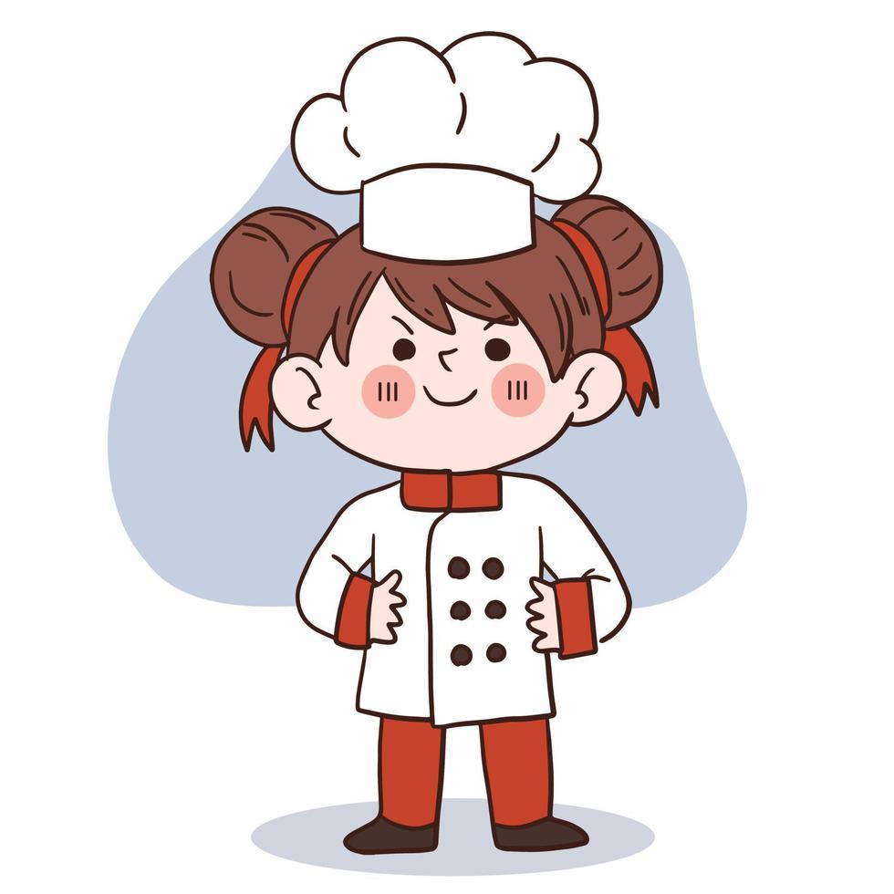 sourire heureux petite fille chef.kid cuisine concept.doodle illustration vectorielle dessinés à la main. vecteur