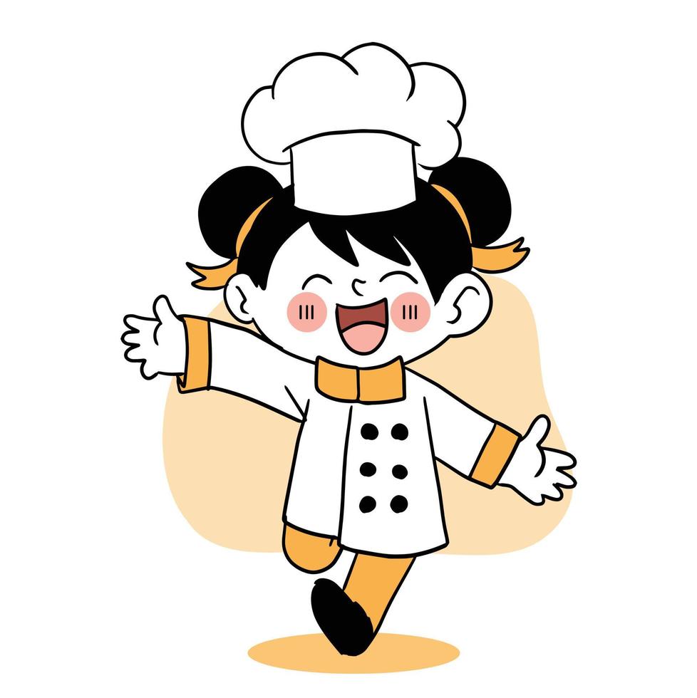 sourire heureux petite fille chef.kid cuisine concept.doodle illustration vectorielle dessinés à la main. vecteur