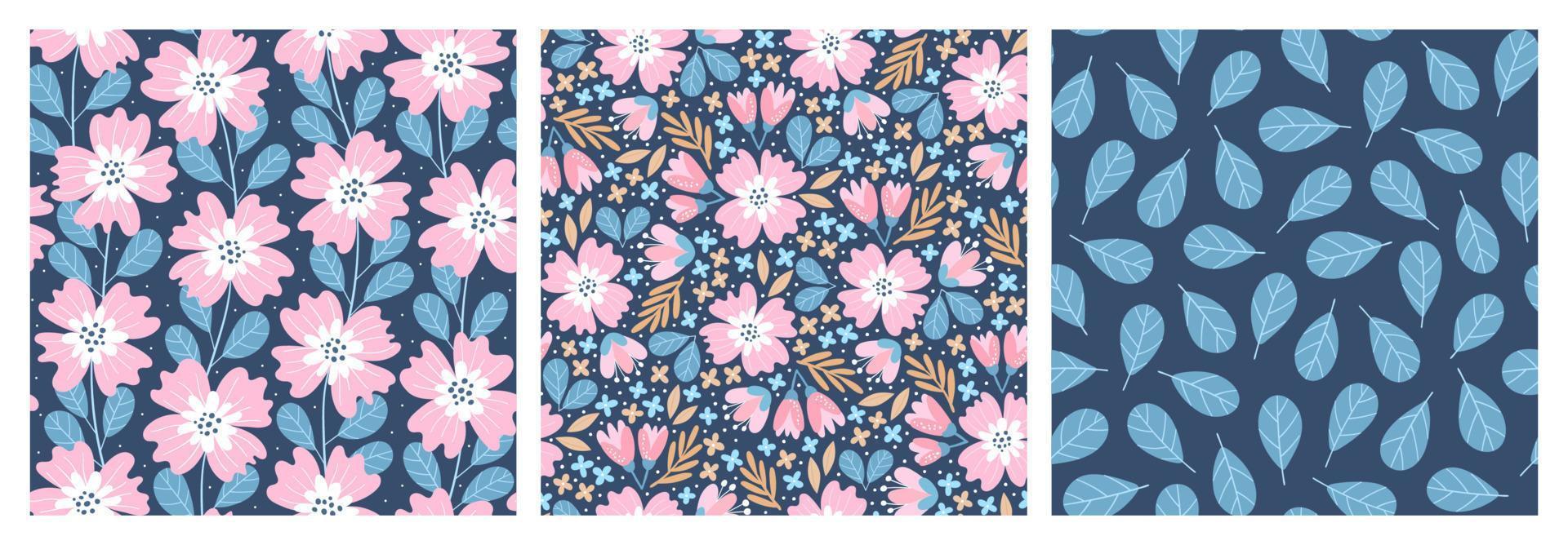 ensemble de motifs sans soudure dessinés à la main avec des fleurs. illustrations florales colorées pour papier et emballage cadeau. conception moderne d'impression de tissu. fond élégant créatif. vecteur