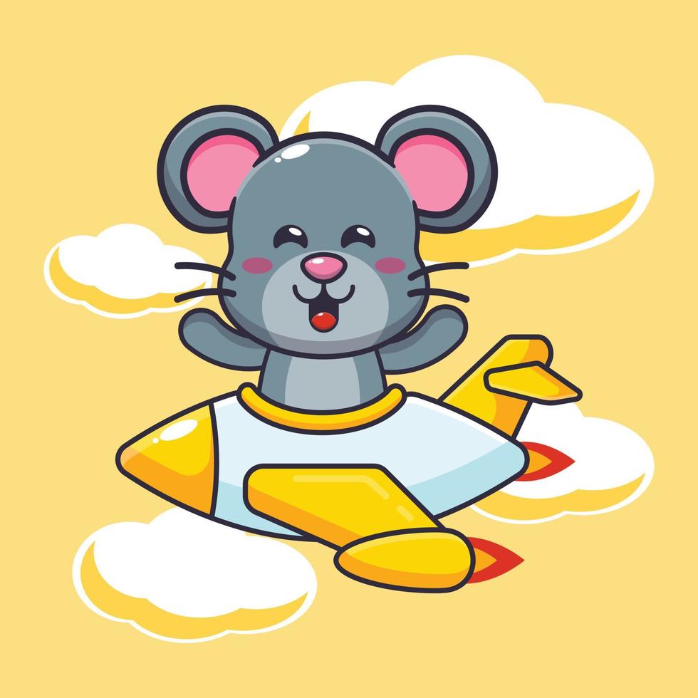 personnage de dessin animé de mascotte de souris mignonne sur un jet d'avion vecteur