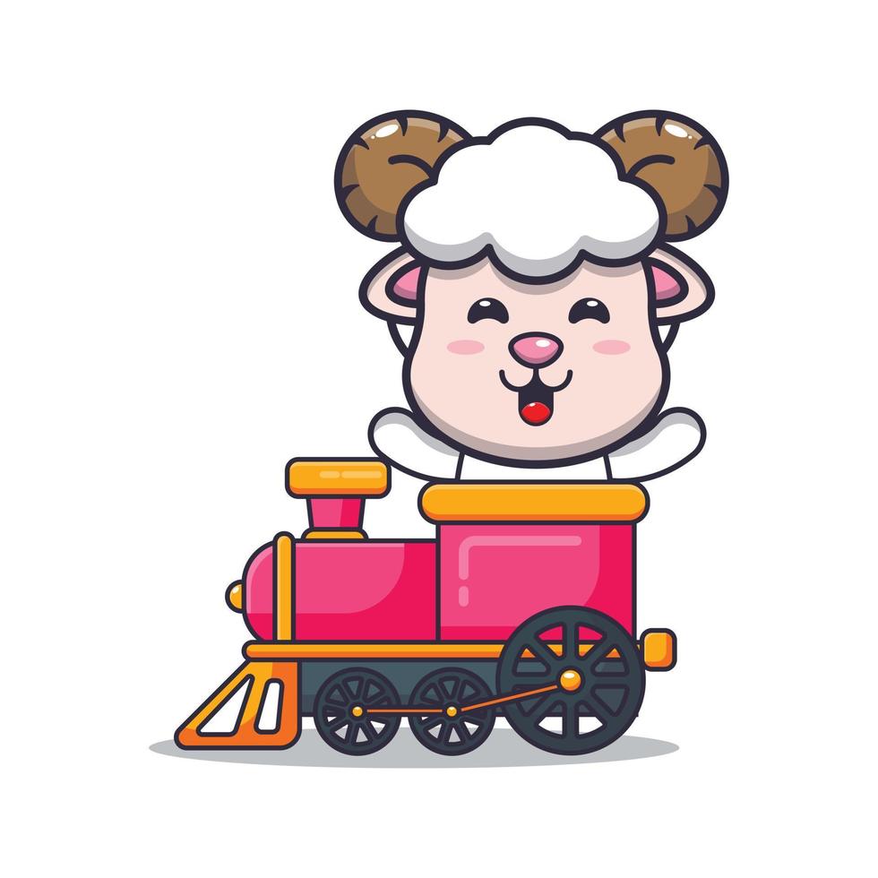 personnage de dessin animé de mascotte de mouton mignon dans le train vecteur