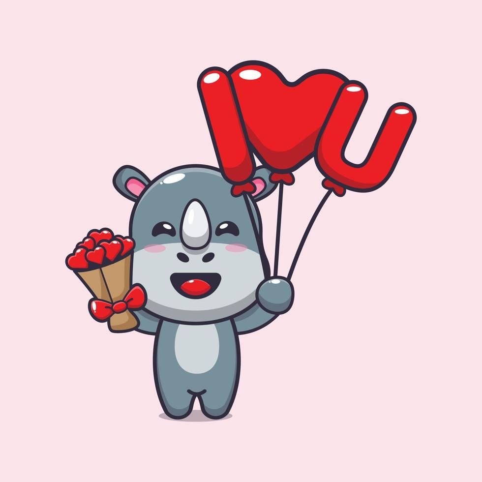 personnage de dessin animé mignon rhinocéros tenant un ballon d'amour et des fleurs d'amour vecteur