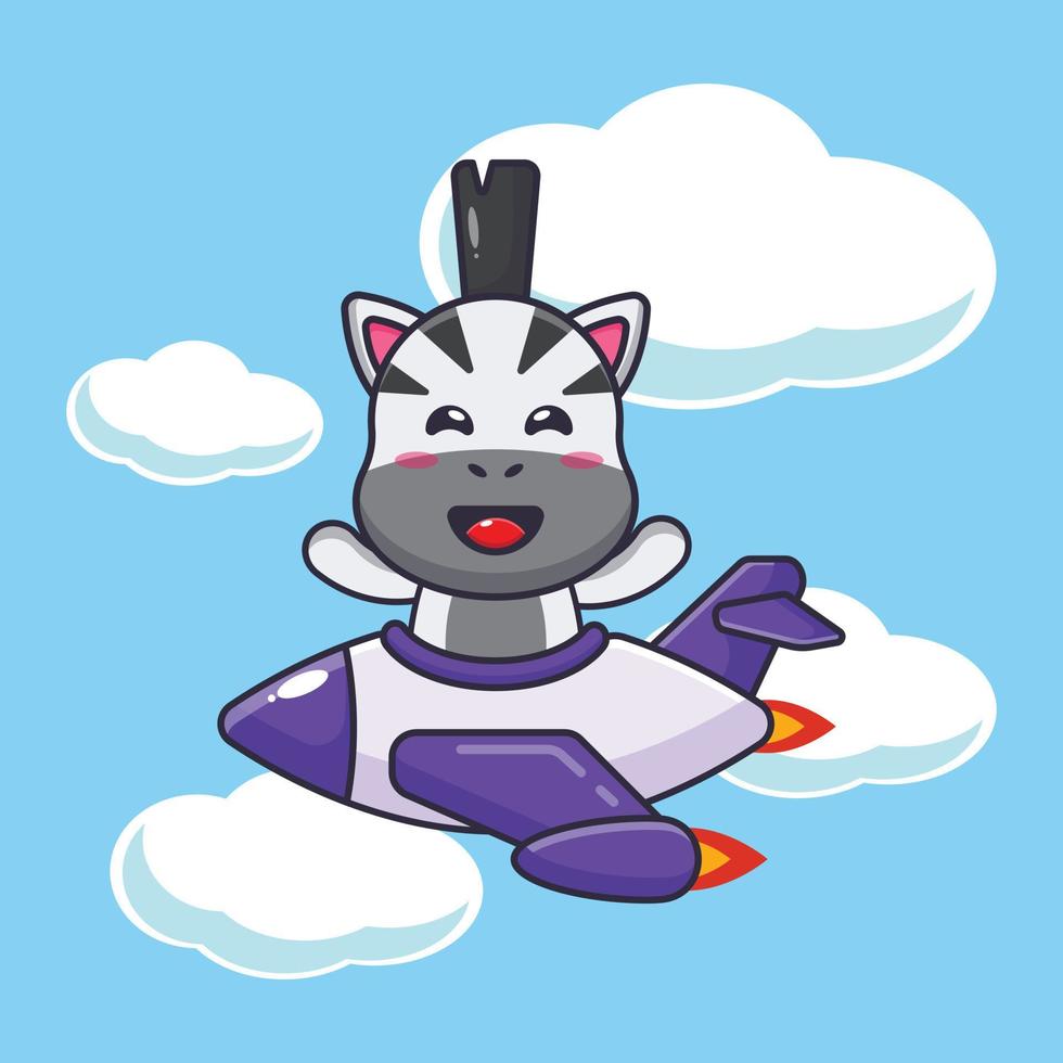 personnage de dessin animé de mascotte de zèbre mignon sur un jet d'avion vecteur