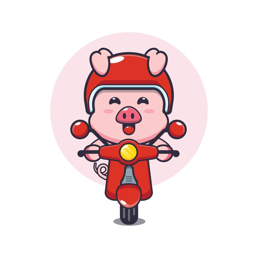 personnage de dessin animé de mascotte de cochon mignon en scooter vecteur