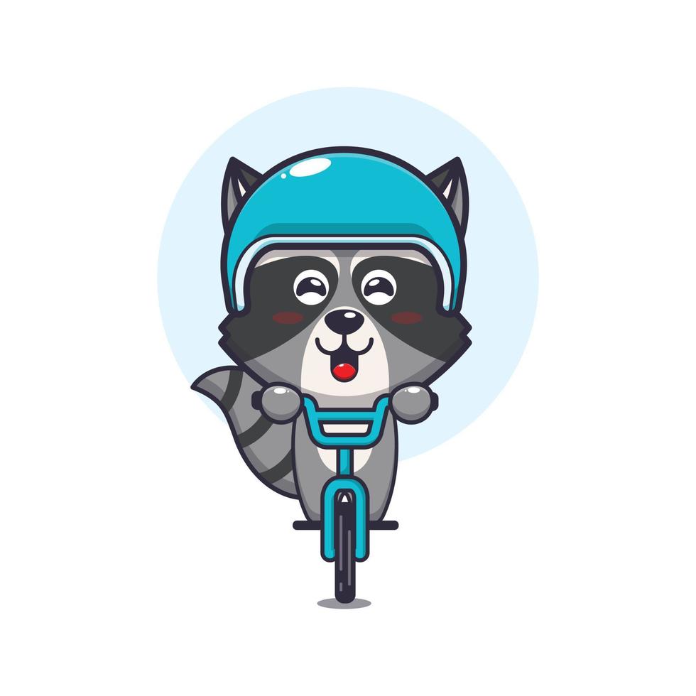 personnage de dessin animé de mascotte de raton laveur mignon à vélo vecteur