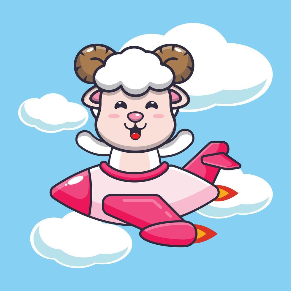 personnage de dessin animé de mascotte de mouton mignon sur un jet d'avion vecteur