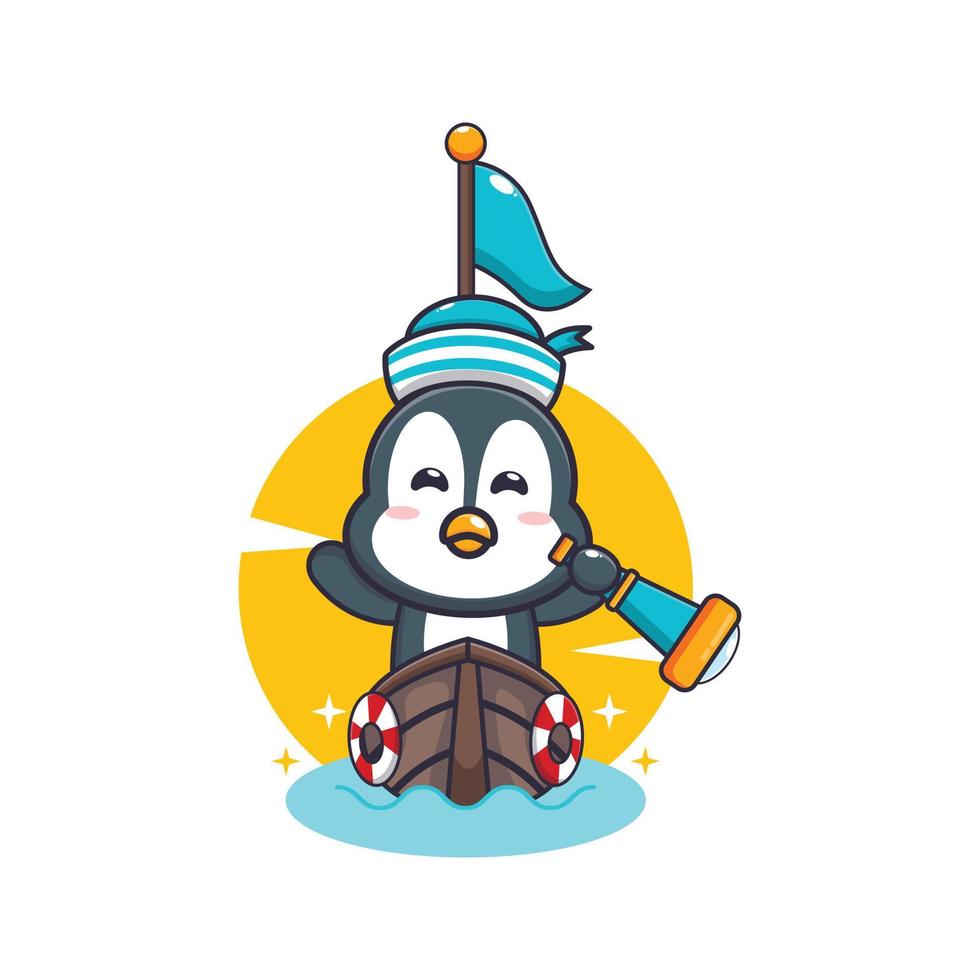 personnage de dessin animé de mascotte de pingouin mignon sur le bateau vecteur
