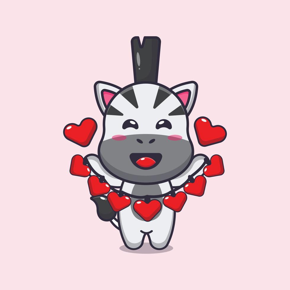 personnage de dessin animé mignon zèbre tenant une décoration d'amour vecteur
