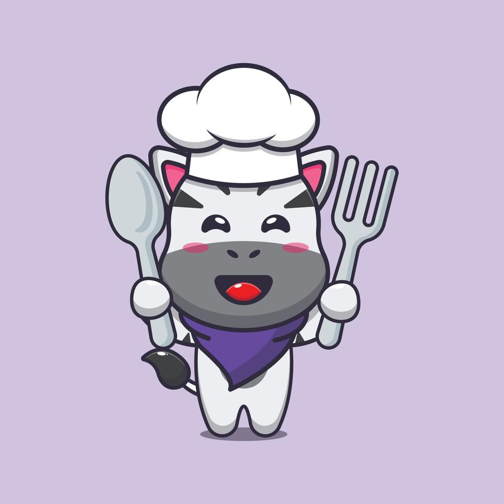 personnage de dessin animé mignon zèbre chef mascotte tenant une cuillère et une fourchette vecteur