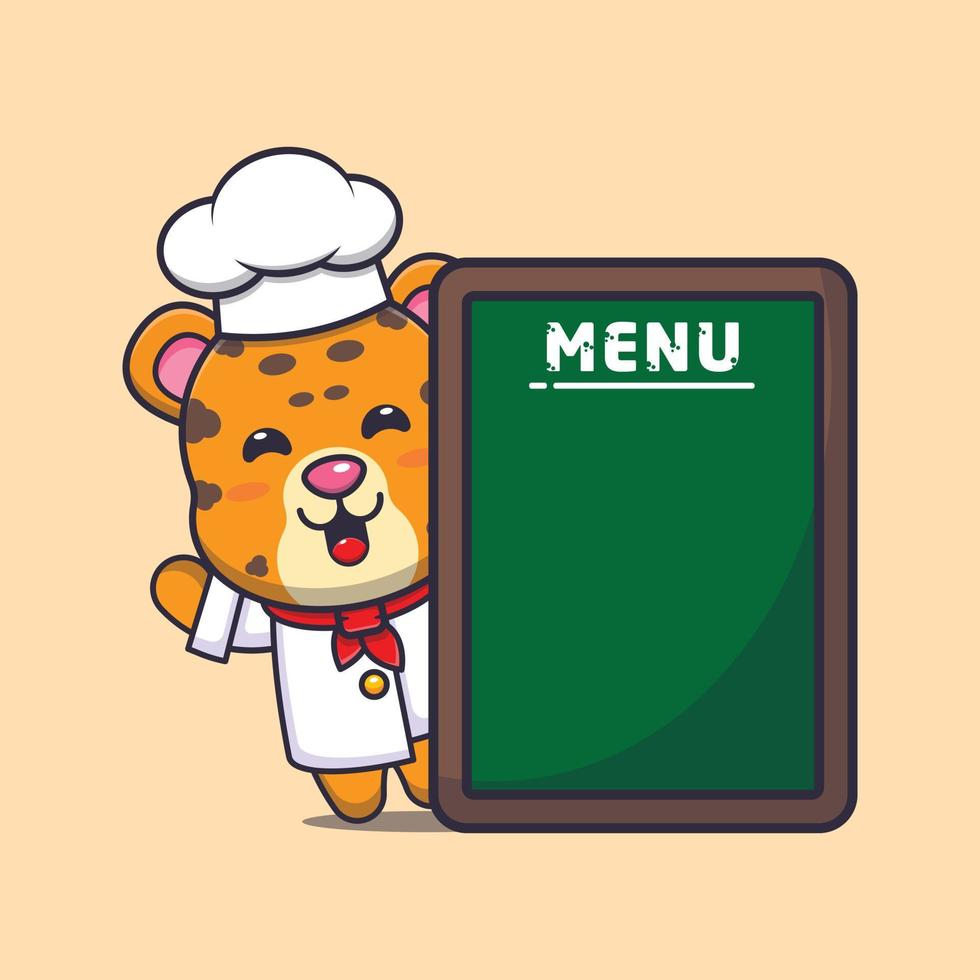 personnage de dessin animé de mascotte de chef léopard mignon avec tableau de menu vecteur