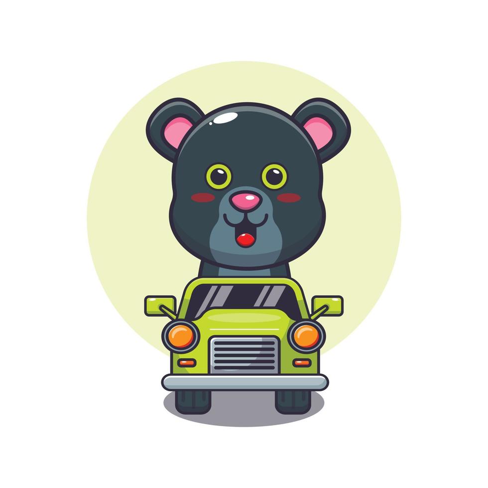 personnage de dessin animé de mascotte de panthère mignonne en voiture vecteur