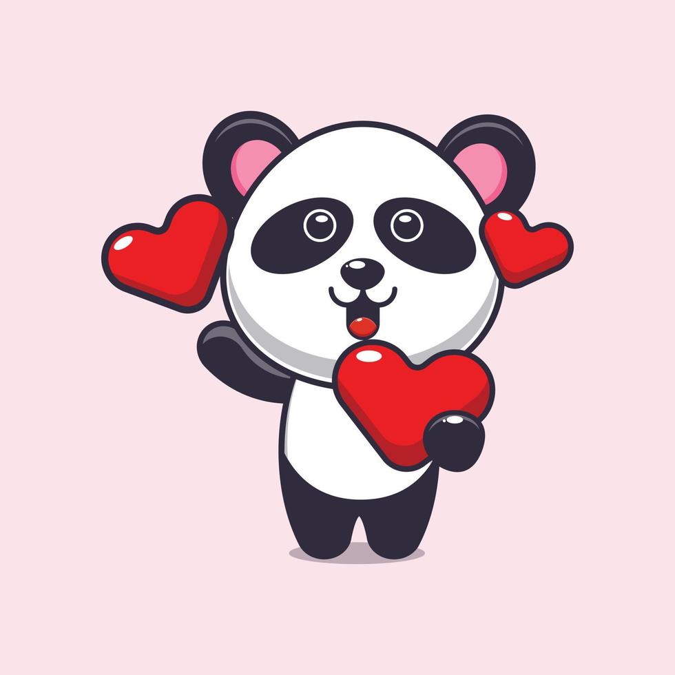 personnage de dessin animé mignon panda tenant un coeur d'amour à la saint valentin vecteur