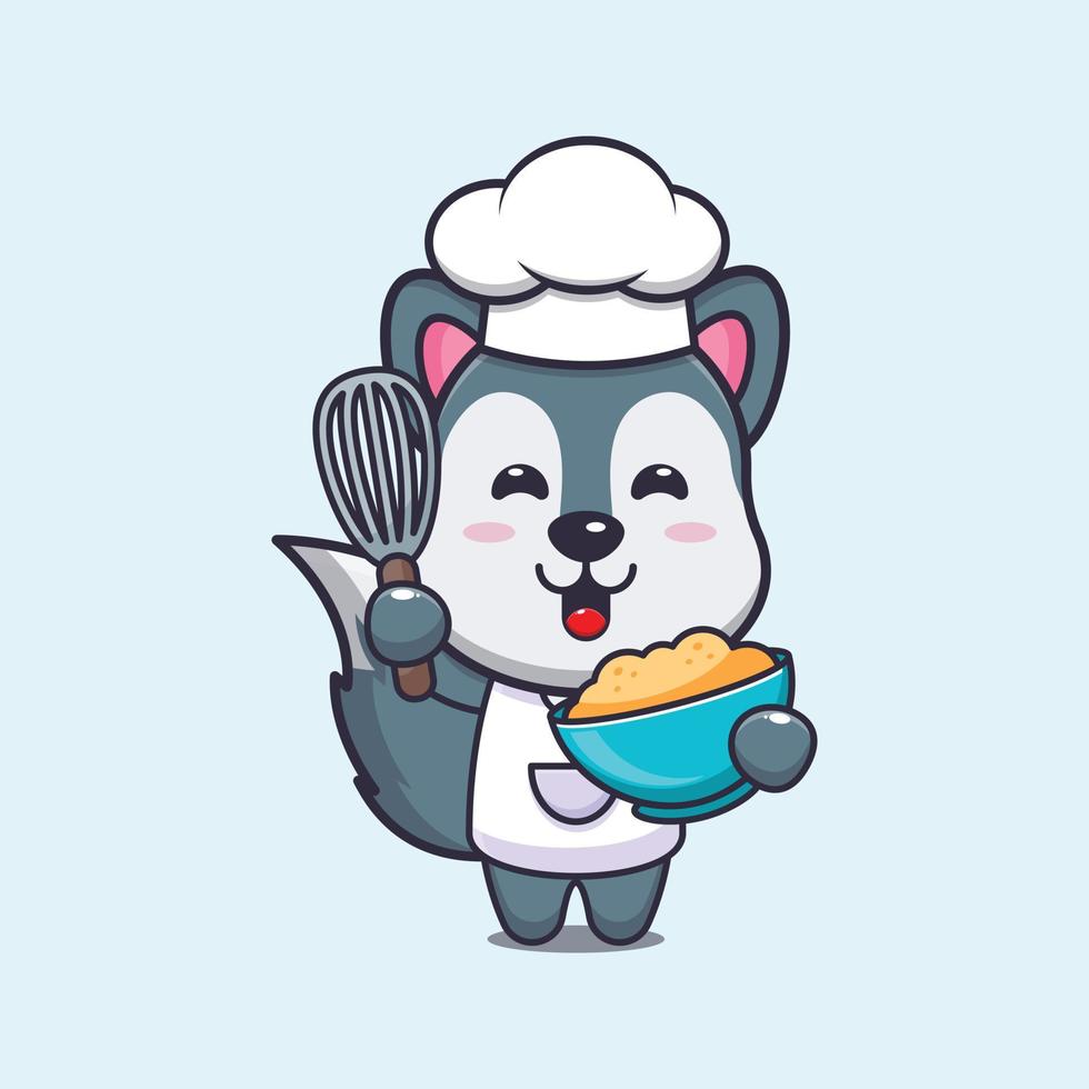 personnage de dessin animé de mascotte de chef de loup mignon avec de la pâte à gâteau vecteur