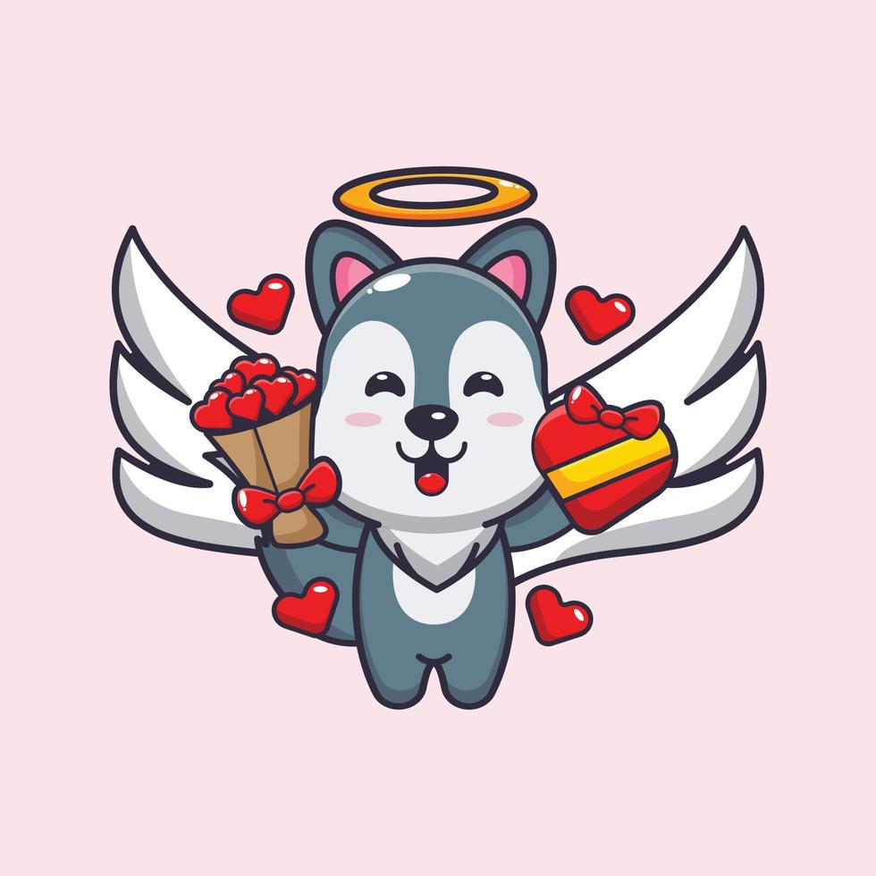 personnage de dessin animé mignon loup cupidon tenant un cadeau d'amour et un bouquet d'amour vecteur