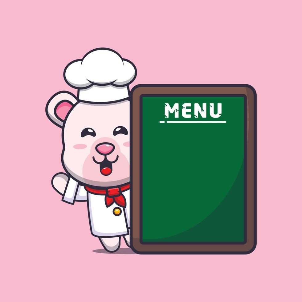 personnage de dessin animé de mascotte de chef ours polaire mignon avec tableau de menu vecteur