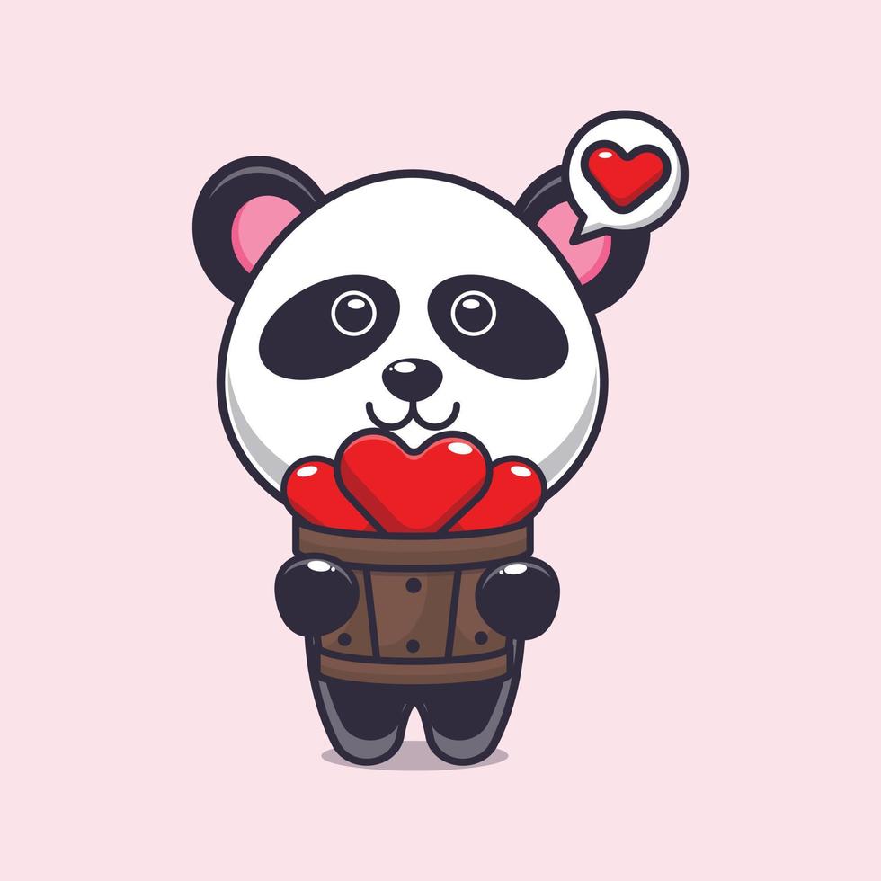 personnage de dessin animé mignon panda tenant l'amour dans un seau en bois vecteur