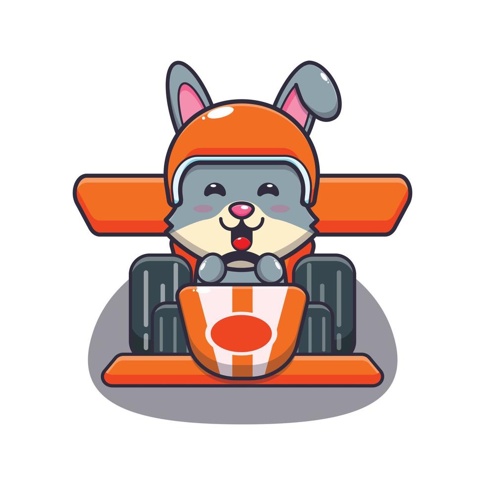 personnage de dessin animé de mascotte de lapin mignon chevauchant une voiture de course vecteur