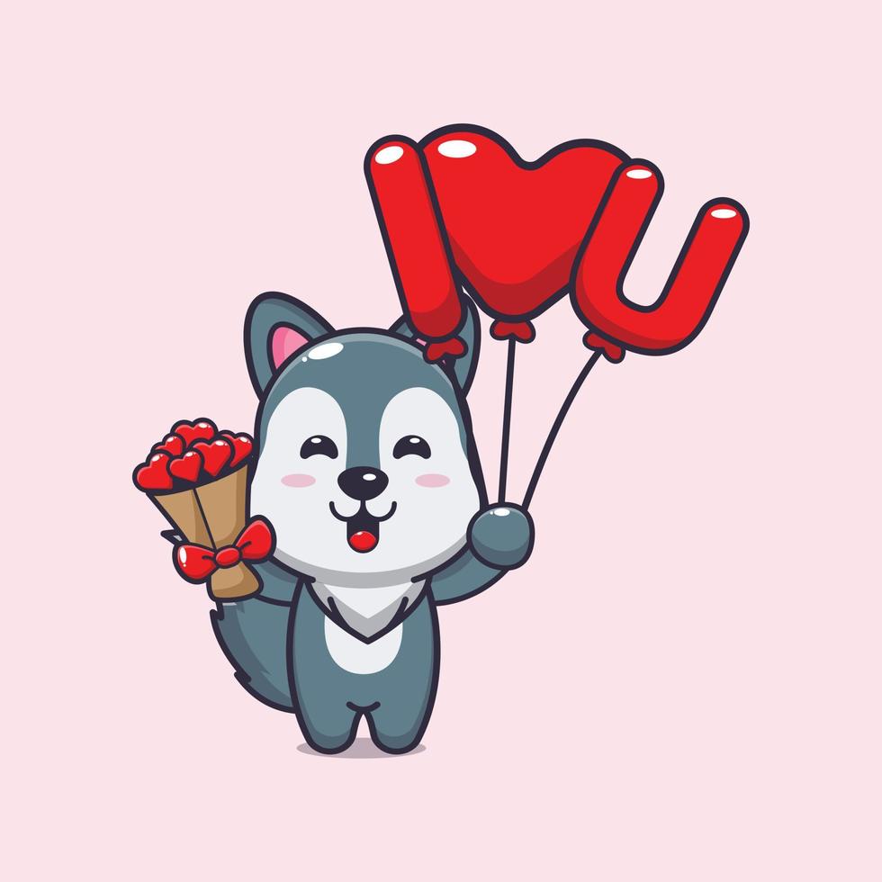 personnage de dessin animé mignon loup tenant un ballon d'amour et des fleurs d'amour vecteur