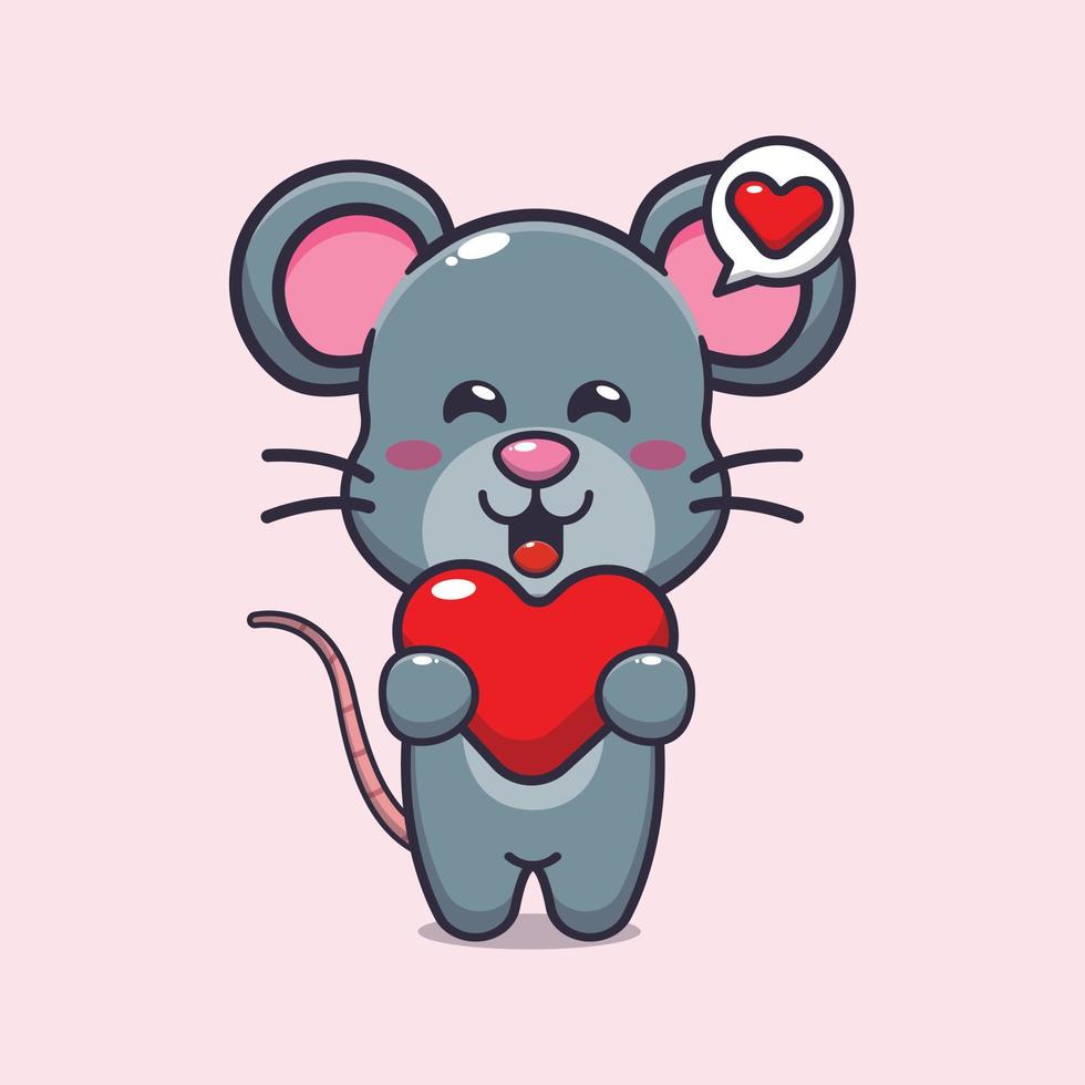 personnage de dessin animé de souris mignon tenant le coeur d'amour vecteur