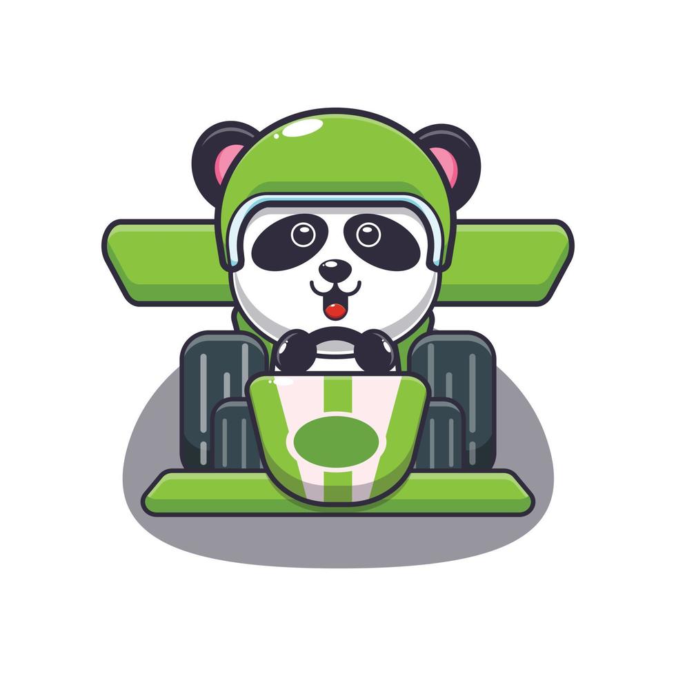 personnage de dessin animé de mascotte de panda mignon chevauchant une voiture de course vecteur