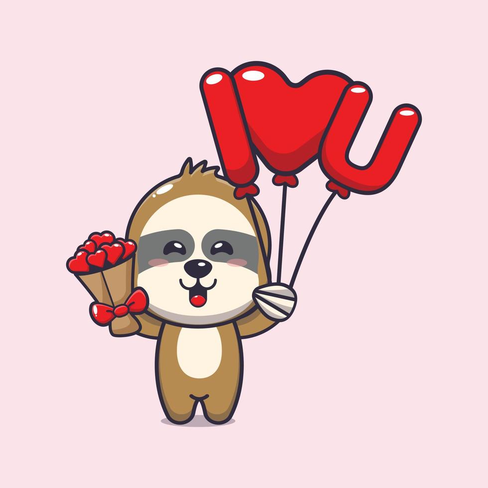 personnage de dessin animé mignon paresseux tenant un ballon d'amour et des fleurs d'amour vecteur