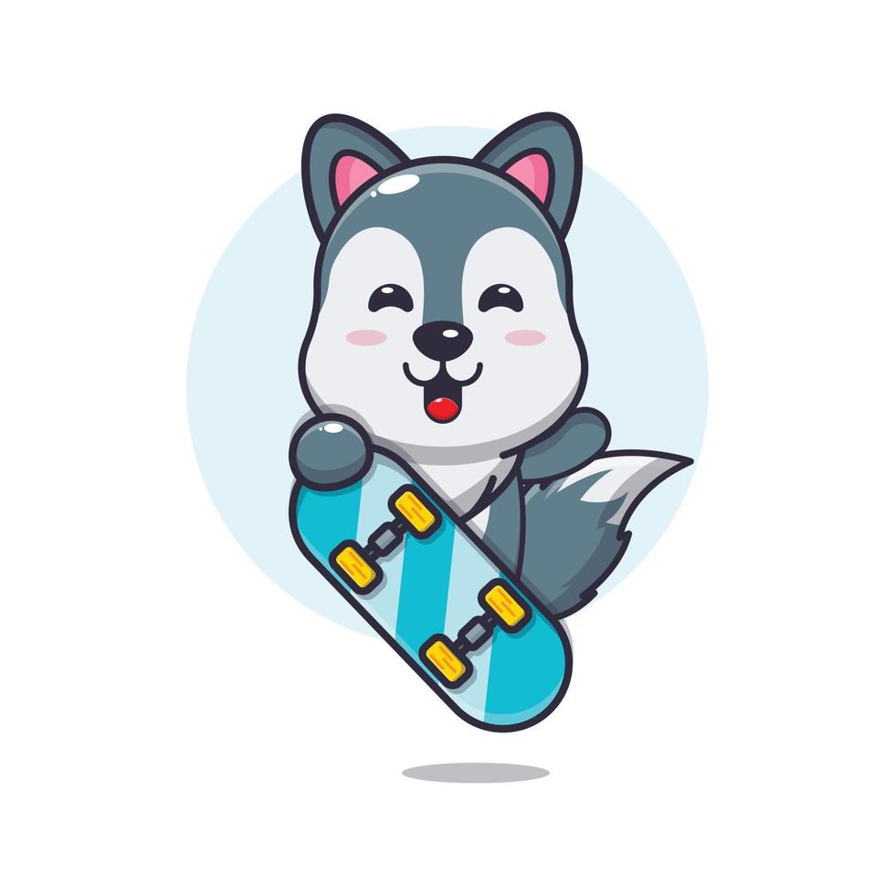 personnage de dessin animé de mascotte de loup mignon avec planche à roulettes vecteur