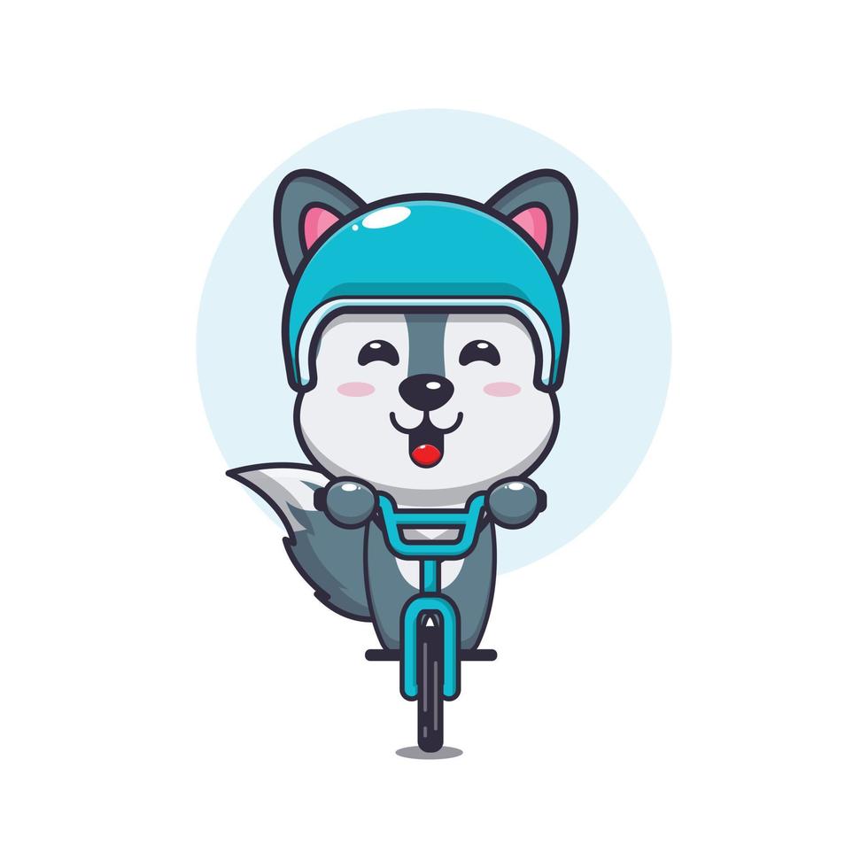 personnage de dessin animé de mascotte de loup mignon à vélo vecteur