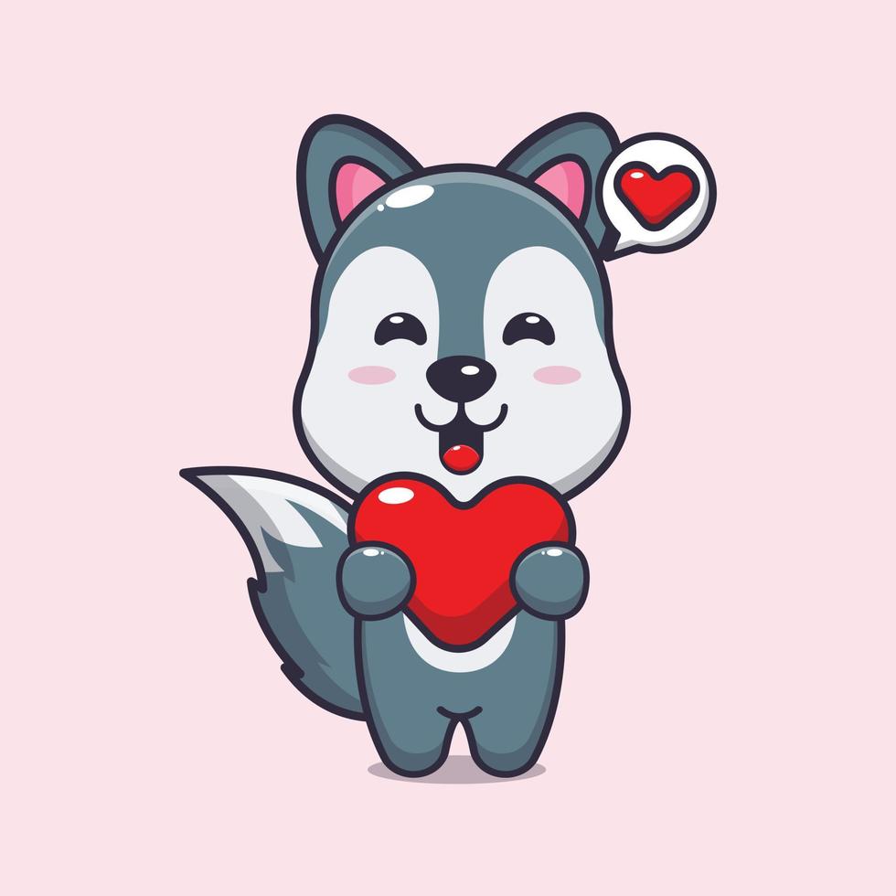 personnage de dessin animé mignon loup tenant un coeur d'amour vecteur