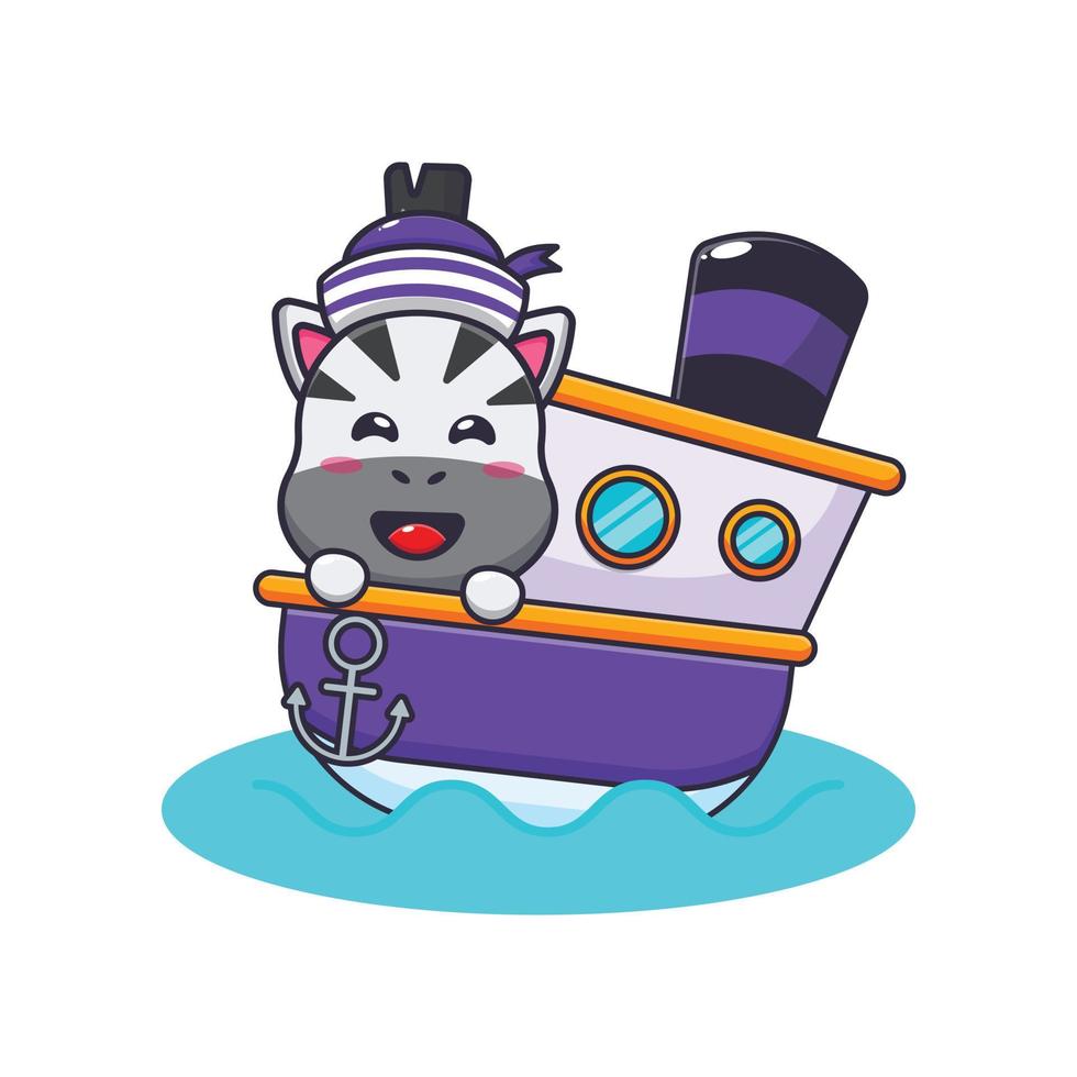 personnage de dessin animé de mascotte de zèbre mignon sur le navire vecteur
