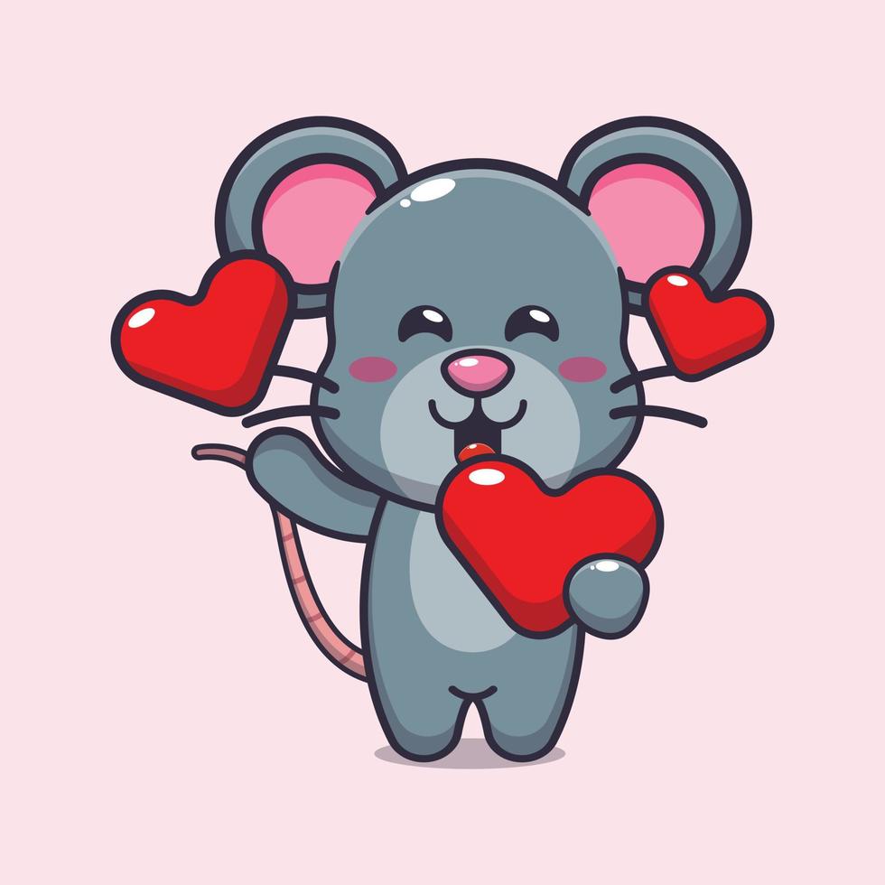 personnage de dessin animé mignon souris tenant le coeur d'amour à la saint valentin vecteur