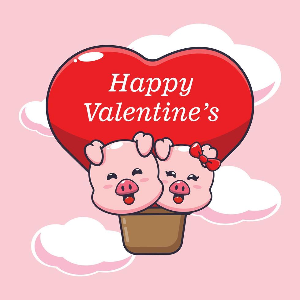 personnage de dessin animé de cochon mignon voler avec ballon à air le jour de la saint valentin vecteur
