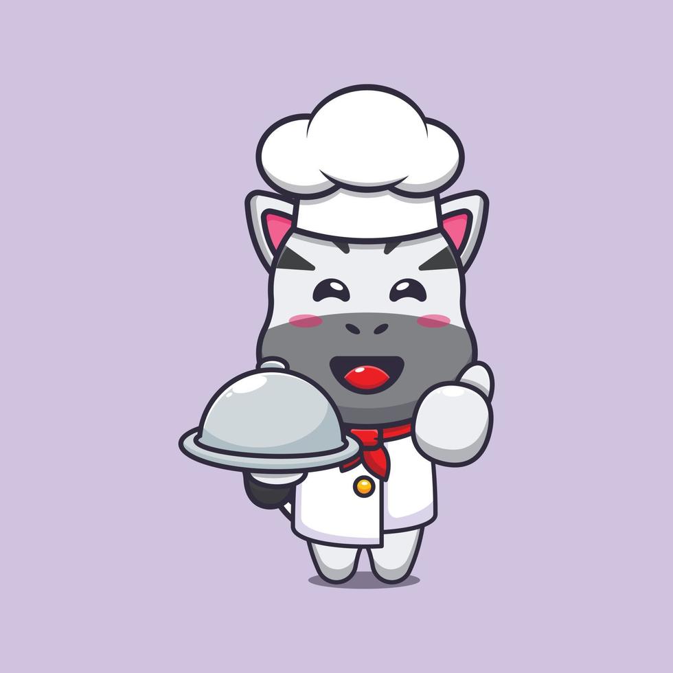 personnage de dessin animé mignon zèbre chef mascotte avec plat vecteur