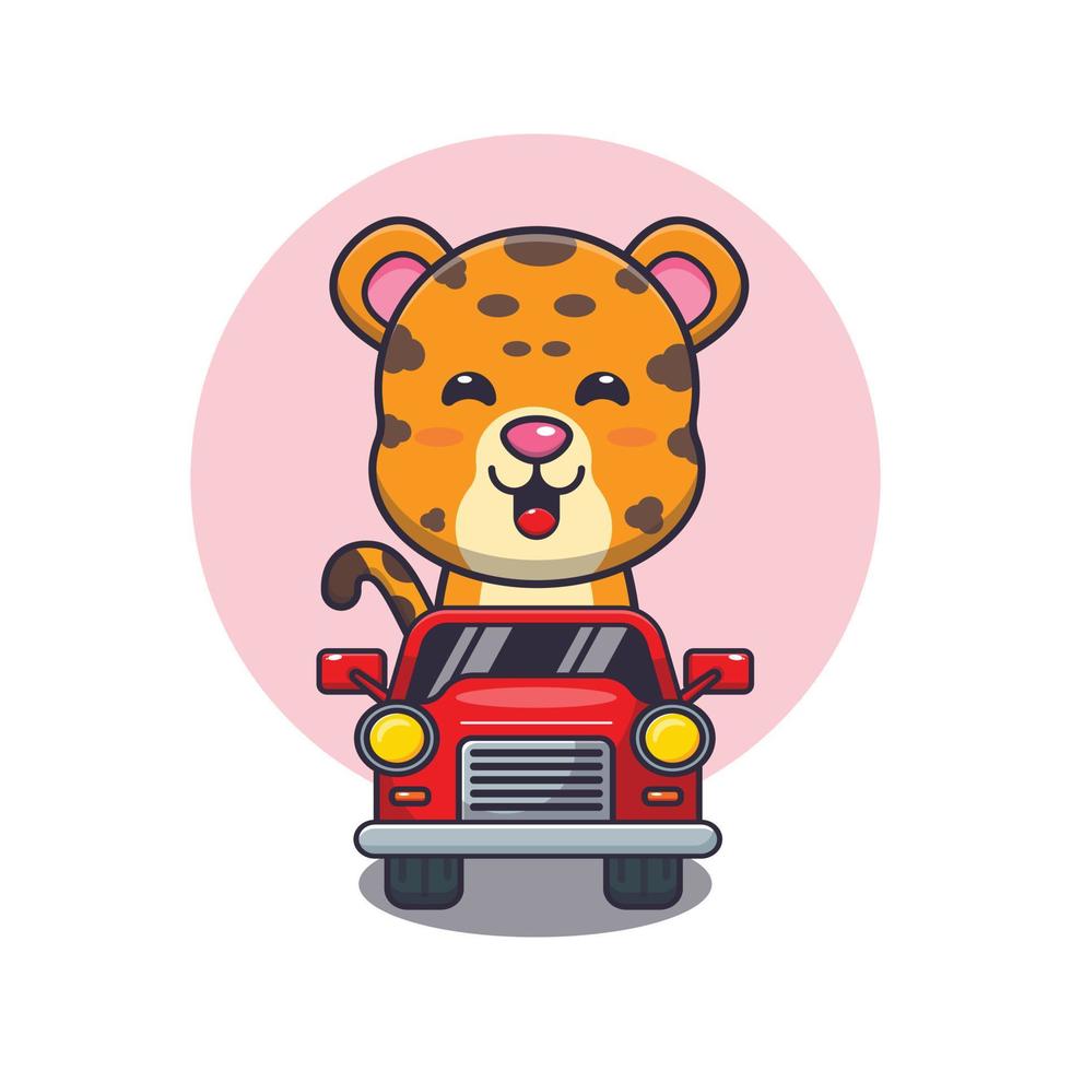 personnage de dessin animé de mascotte de léopard mignon en voiture vecteur