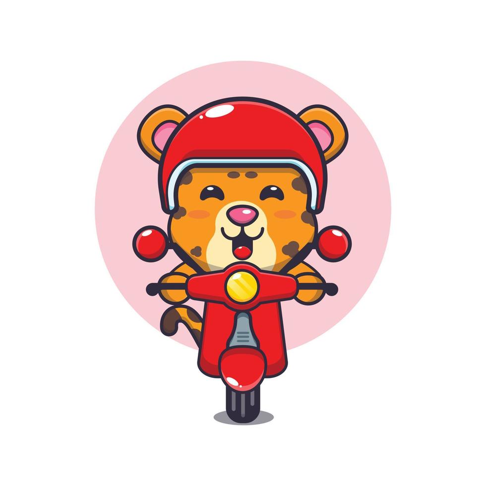 personnage de dessin animé mignon mascotte léopard en scooter vecteur