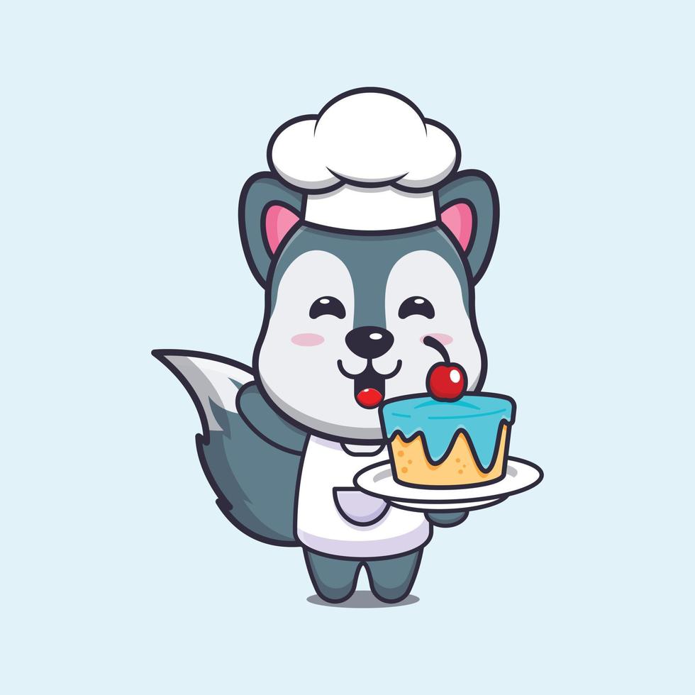 mignon, loup, chef, mascotte, dessin animé, caractère, à, gâteau vecteur