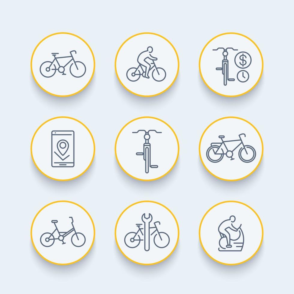 icônes de ligne de cyclisme, cycliste, vélo, réparation de vélo, pictogrammes, ensemble d'icônes rondes, illustration vectorielle vecteur
