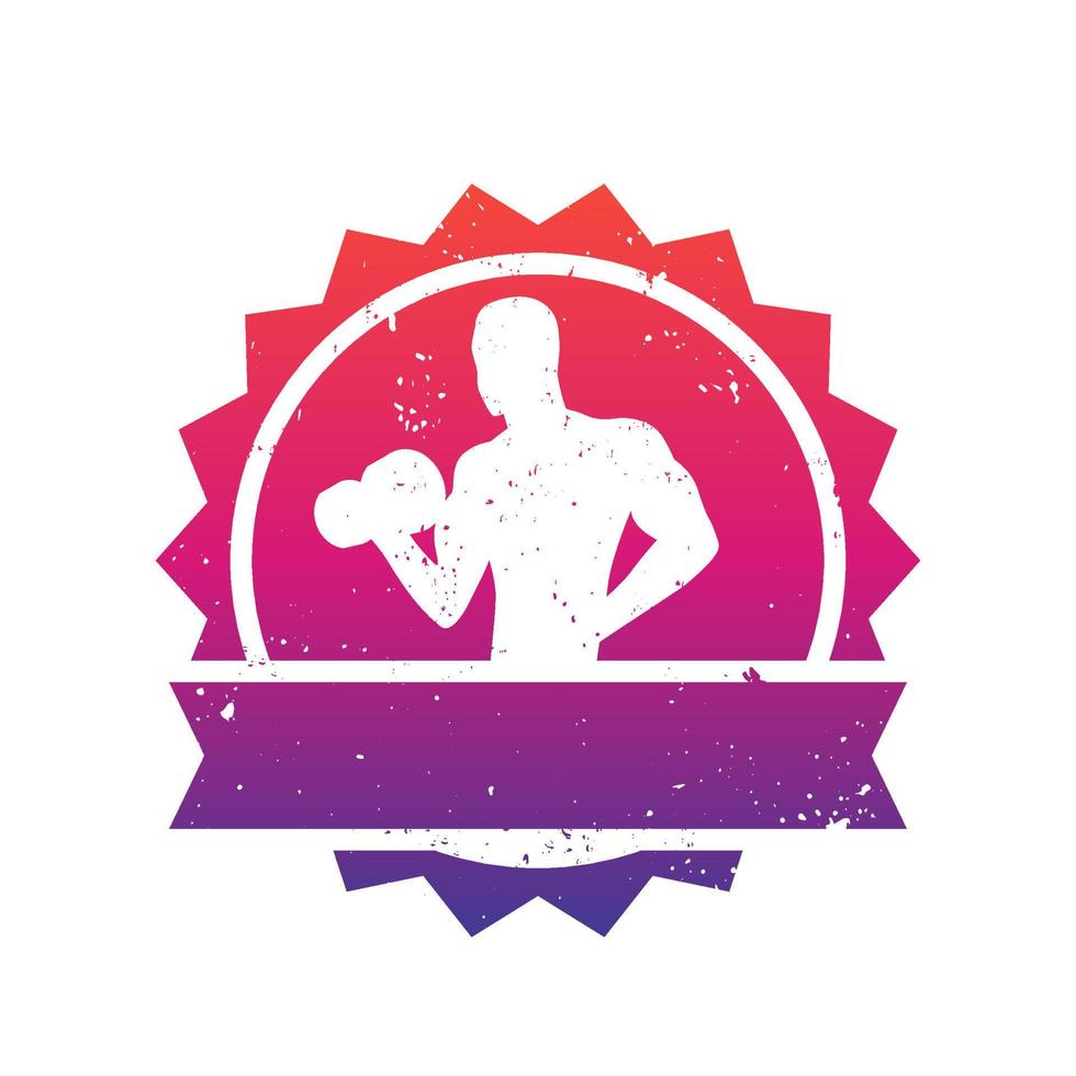 badge de remise en forme avec athlète posant, bodybuilder, logo de gym sur blanc vecteur