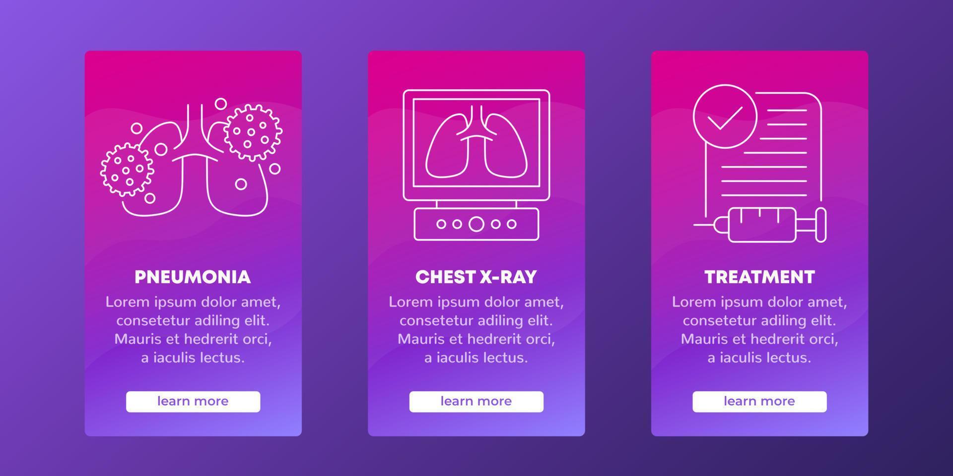 pneumonie, virus dans les poumons, bannières de radiographie pulmonaire avec icônes de ligne vecteur