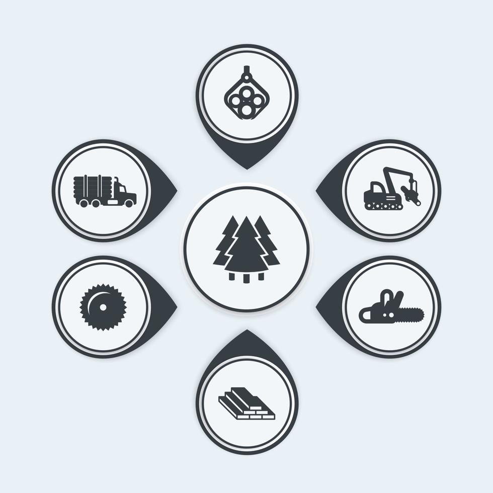 icônes d'exploitation forestière, abatteuse d'arbres, abatteuse-empileuse à chenilles, bois, bois d'oeuvre, éléments infographiques en bois, illustration vectorielle vecteur