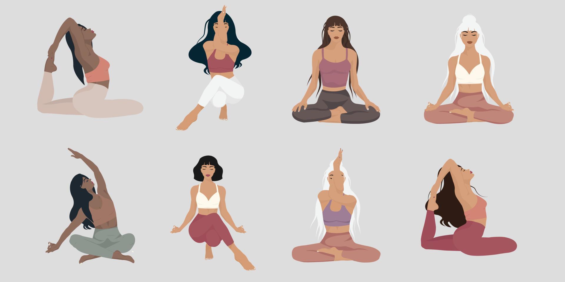 silhouettes de femmes. collection de poses de yoga dans des styles plats vecteur