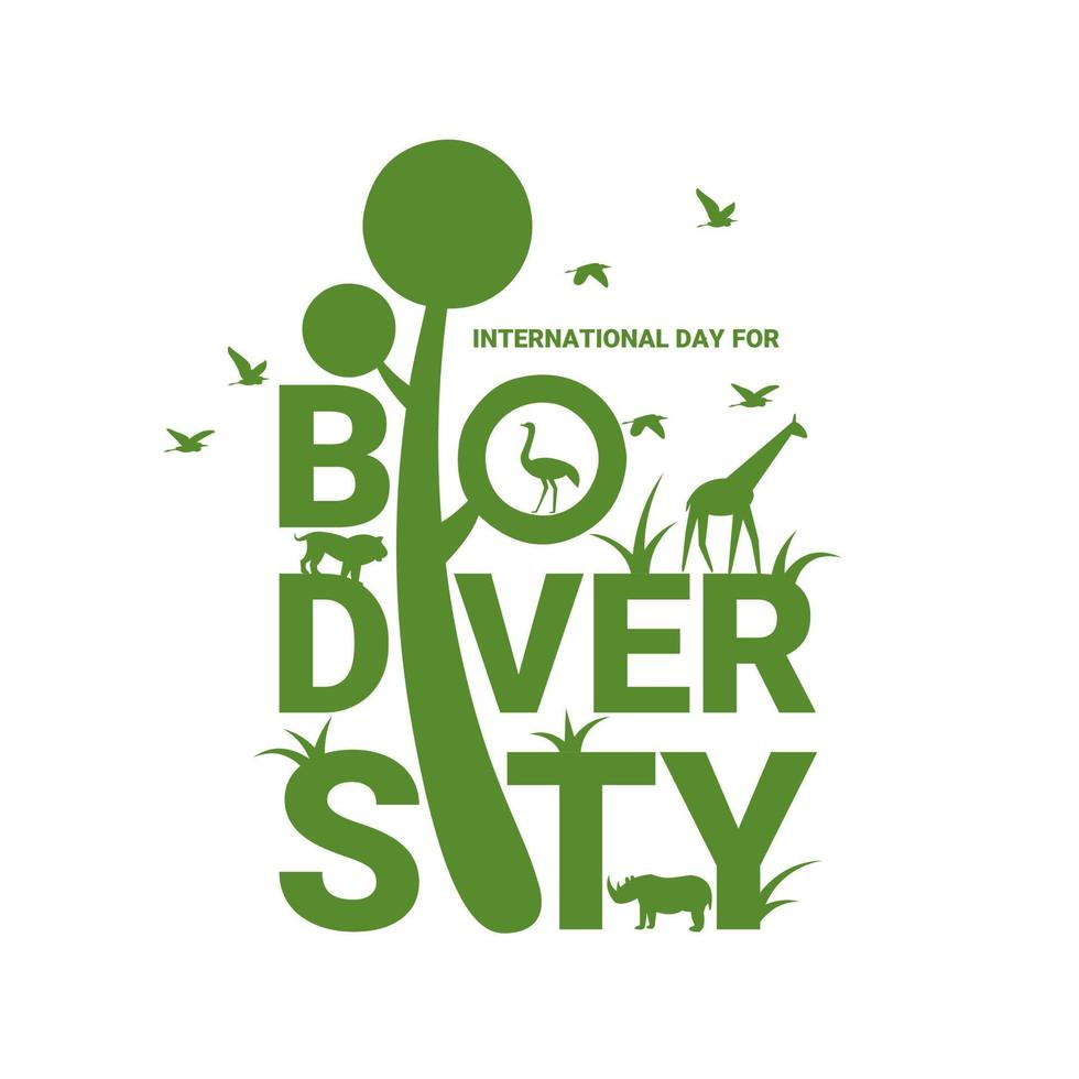 typographie vectorielle de la biodiversité, avec des silhouettes d'animaux sauvages, sous forme de bannière ou d'affiche, journée internationale de la biodiversité. vecteur