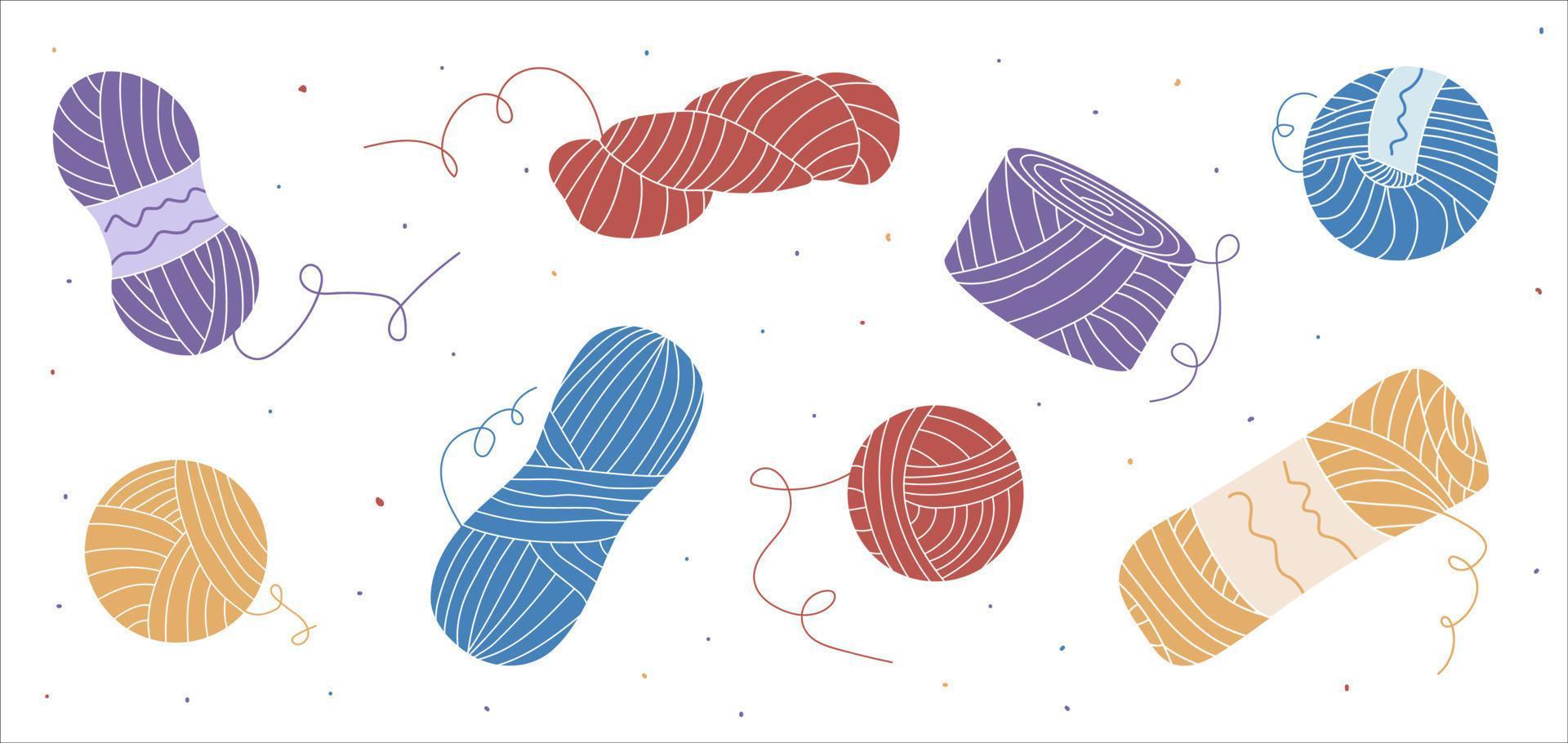 ensemble de boules de fil colorées dessinées à la main pour le tricot ou le crochet. illustration vectorielle plate vecteur