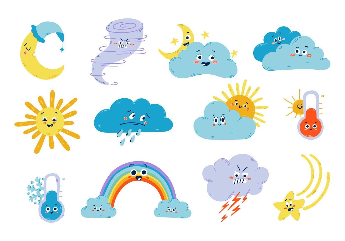 illustration vectorielle météo mignonne. jeu d'icônes drôle de soleil, nuage, lune, tempête, pluie et thermomètre isolé sur blanc. collection enfantine de la météo vecteur