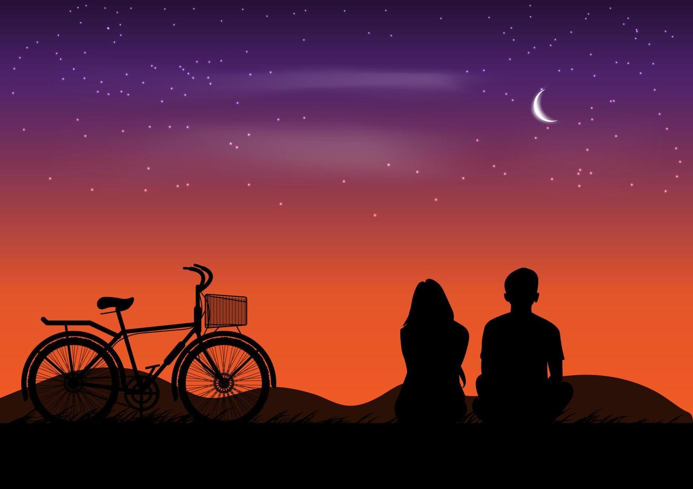 graphique dessin couple s'asseoir et voir nature paysage silhouette après le coucher du soleil pour papier peint fond illustration vectorielle vecteur