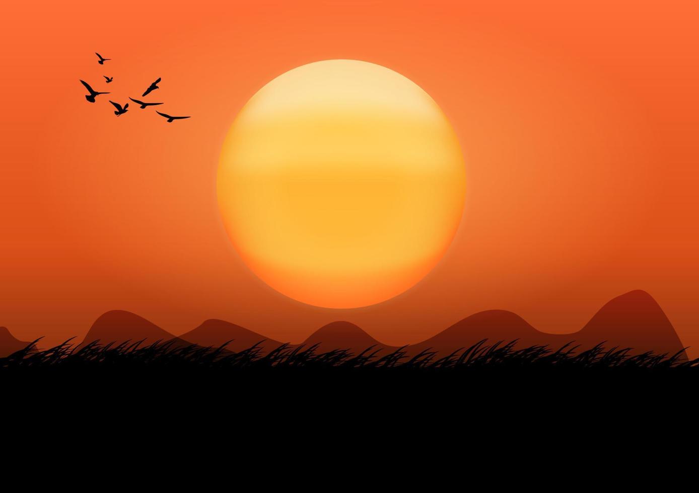 image graphique coucher de soleil et silhouette orange clair du coucher du soleil avec de l'herbe sombre au sol vecteur