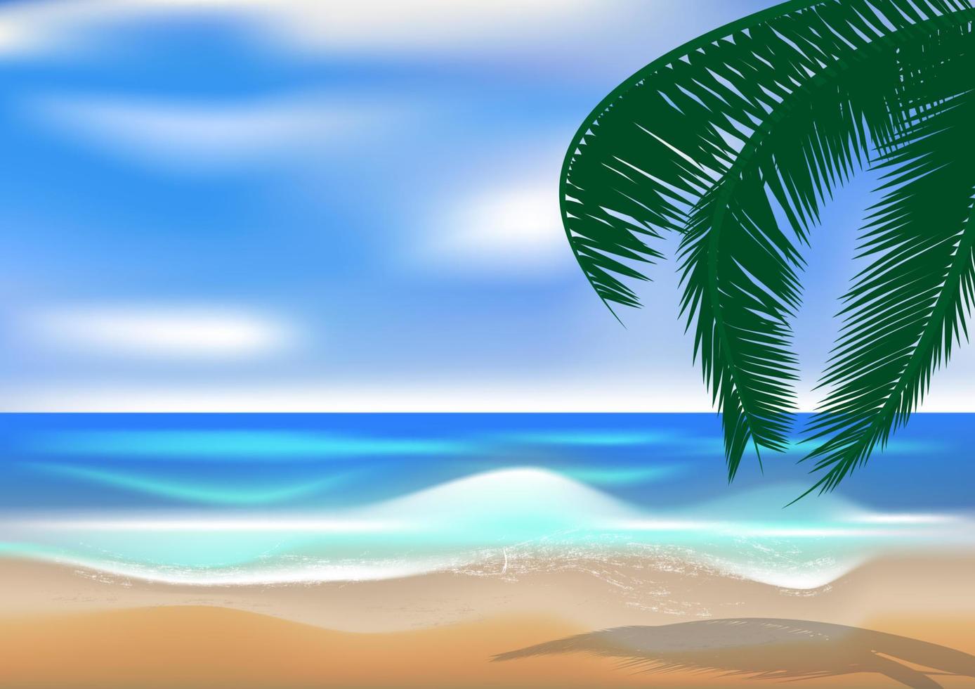 graphique dessin vue paysage océan et ciel bleu avec illustration vectorielle de feuille de noix de coco vecteur