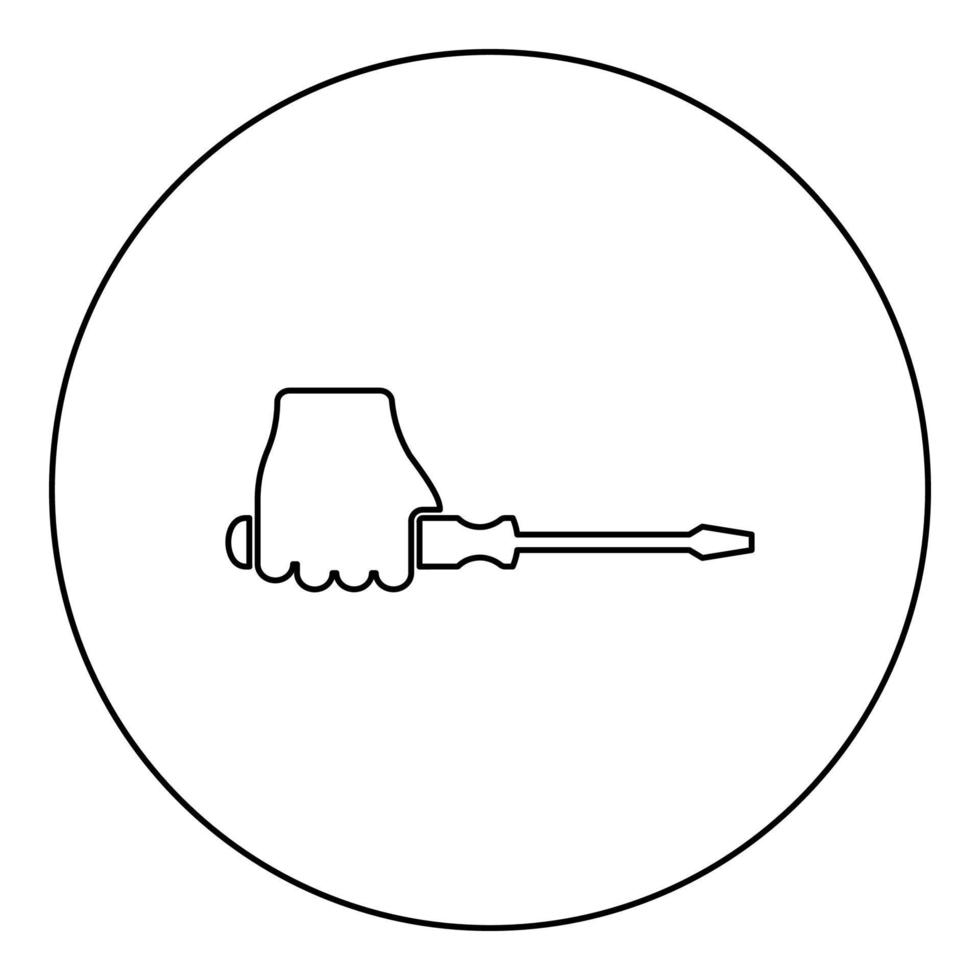 Tournevis dans l'icône de la main en cercle autour de l'image d'illustration vectorielle de couleur noire contour style fin de la ligne de contour vecteur